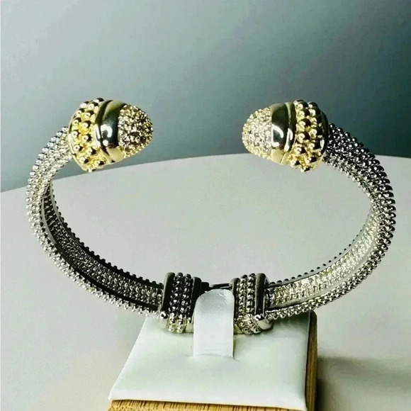 TWO TONE PAVE STONE HINGED CUFF BRACELET - Picture 3 of 5
